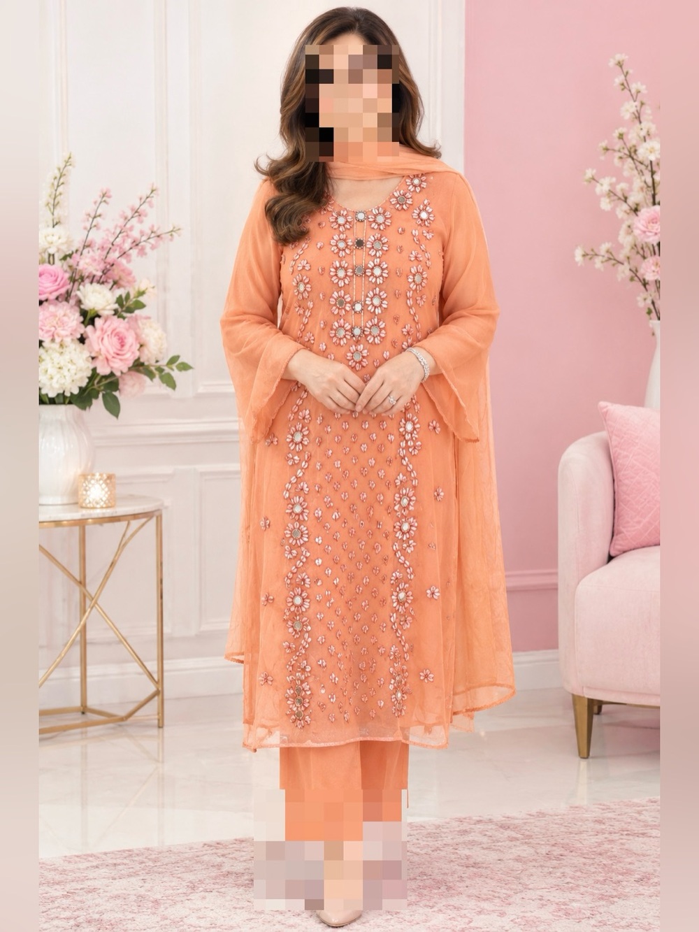 Hand made gota and mirror Peach Embellished Chiffon Tunic Top